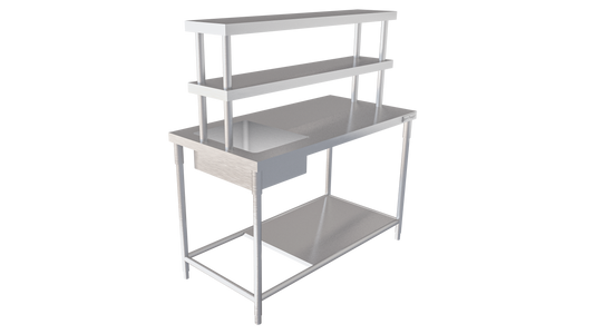Mesa de trabajo con tarja en isla con repisa doble y piso - Gastrox